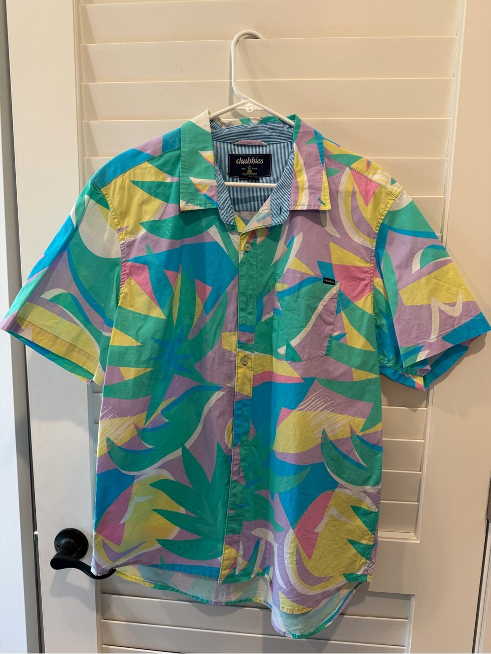 chubbies Tropical Print Short-Sleeve Button-Up in Teal, Purple, Yellow, Pink